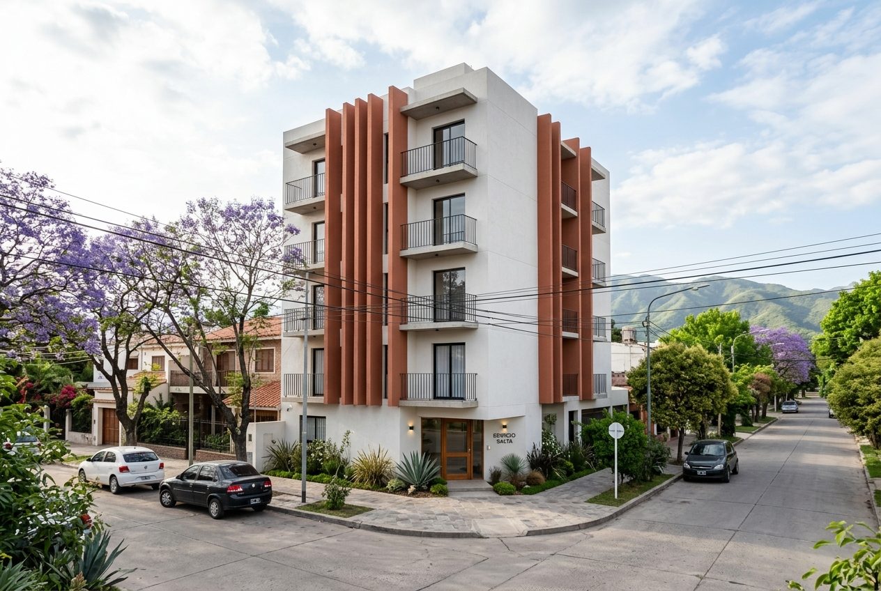 Edificio Chañar, seis pisos con parasoles terracota en Tres Cerritos