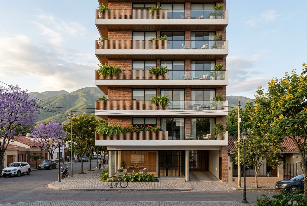 Edificio Tipa: doce pisos de ladrillo visto con balcones arbolados, en el Macrocentro de Salta